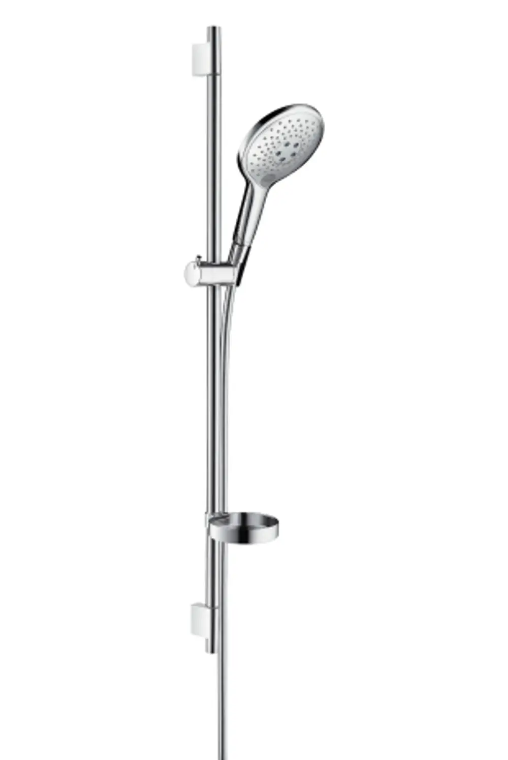 Hansgrohe Brauseset mit einer verstellbaren Handbrause, montiert an einer länglichen Brausestange. Unter der Brause befindet sich eine Seifenschale.